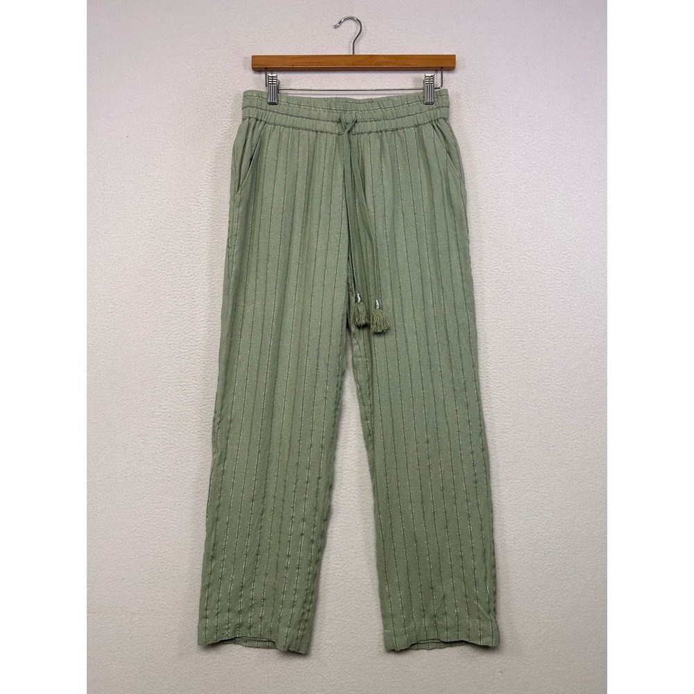 Coastal Boho Soft Surroundings Womens XS Sage Green Linen Stripe Relaxed Pants